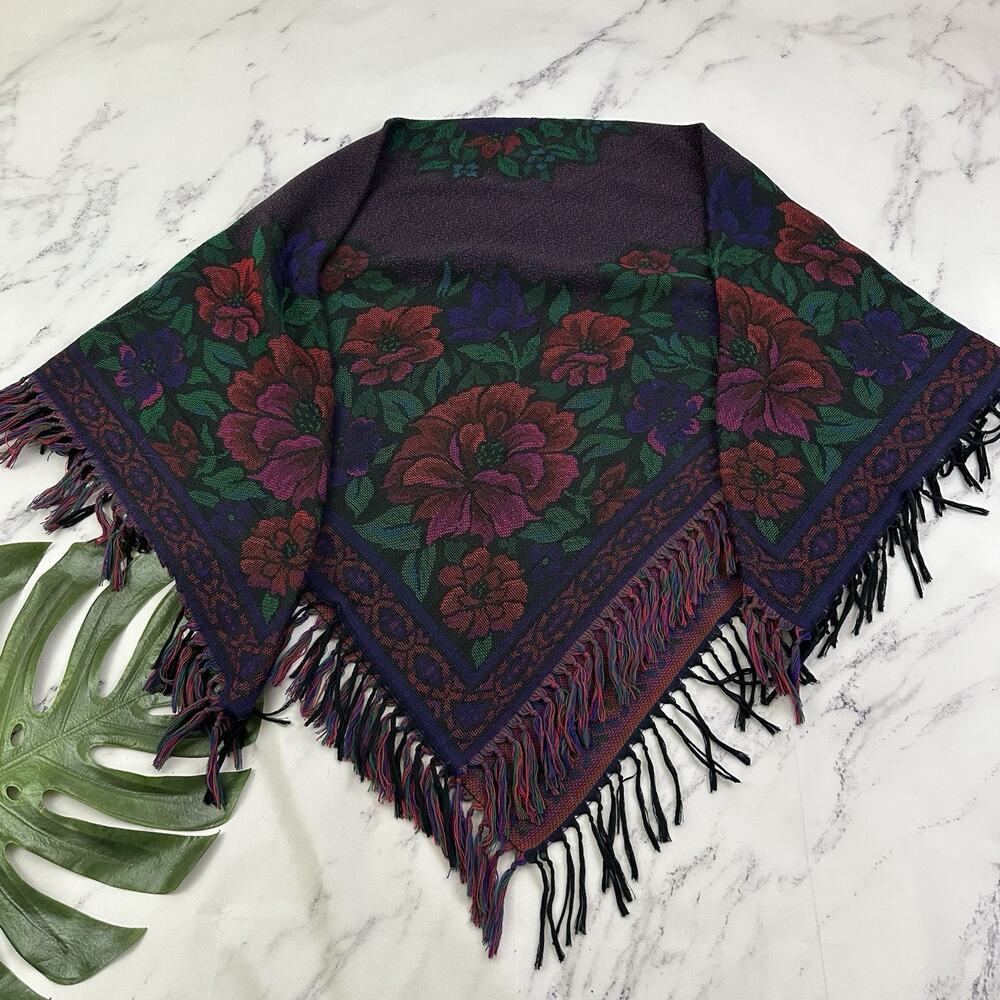 Womens Vintage 90s Shawl Wrap Scarf Blue Red Rose Floral Fringe Boho Whimsygoth